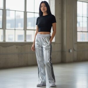 Silver Faux Leather Track Pants, Polyurethane Coated Fabric, Approx M